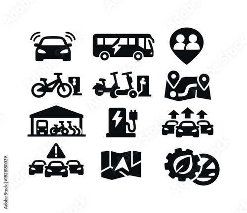 Solid vector icons of smart mobility systems: autonomousVehicle, electricBus, rideshare, bicycleSharing, scooterSharing,