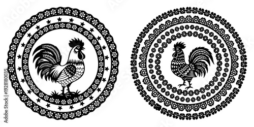 Two circular folk art emblems featuring rooster silhouettes and ornamental frames