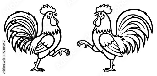 Two stylized line art roosters with elegant flowing tail feathers for farm themes