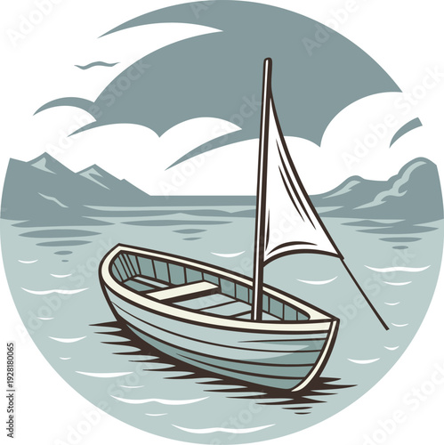 Sailboat vector floating on water with mountains, clouds, and circular frame in serene maritime landscape design