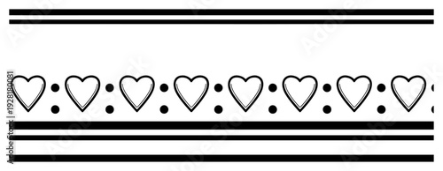 Horizontal seamless border pattern with hearts and minimalist lines for romantic design