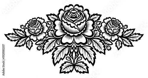 Symmetrical floral rose arrangement with detailed leaves in vintage engraving style