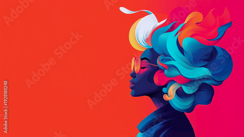 Modern abstract illustration of woman's profile featuring vibrant, flowing blue and orange hair, stylish sunglasses, set against bold red and magenta gradient.