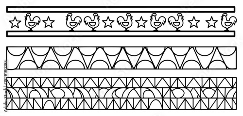 Folk art horizontal border featuring roosters stars and geometric arch patterns
