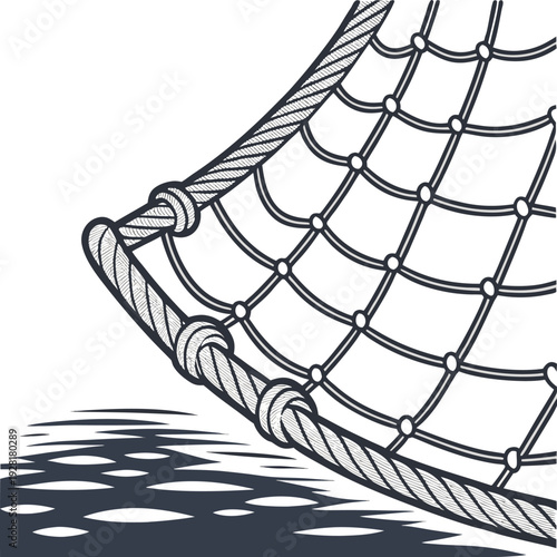 Fishing net vector partially submerged in water with interwoven rope grid in nautical marine design