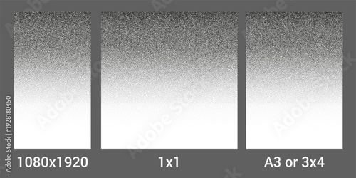 Noise grain background with stipple dots. Dust black pattern on white, monochrome bw gradient. Vector dot dust fade with frame geometric rectangle. A4, social story and square size.
