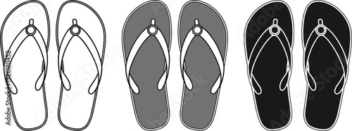 Flip flops vector set, summer footwear icons, beach sandals silhouette, casual slippers collection, outline and flat style, isolated on white background.