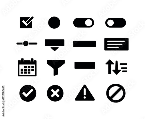Solid vector icons of form and input controls: checkbox, radiobutton, toggle, switch, slider, dropdown, textfield, textarea,