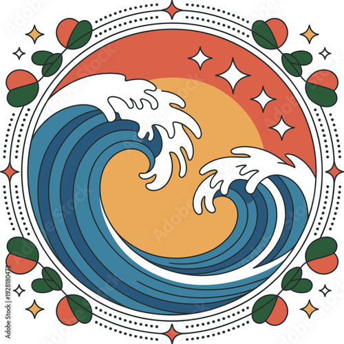 Ocean waves with setting sun and stars in a circular frame, nature marine logo art