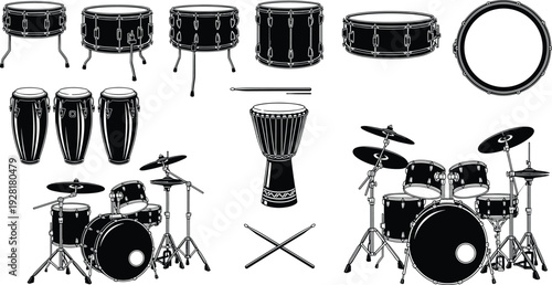 Drum set and percussion instruments collection vector illustration snare conga djembe cymbals sticks monochrome musical equipment set