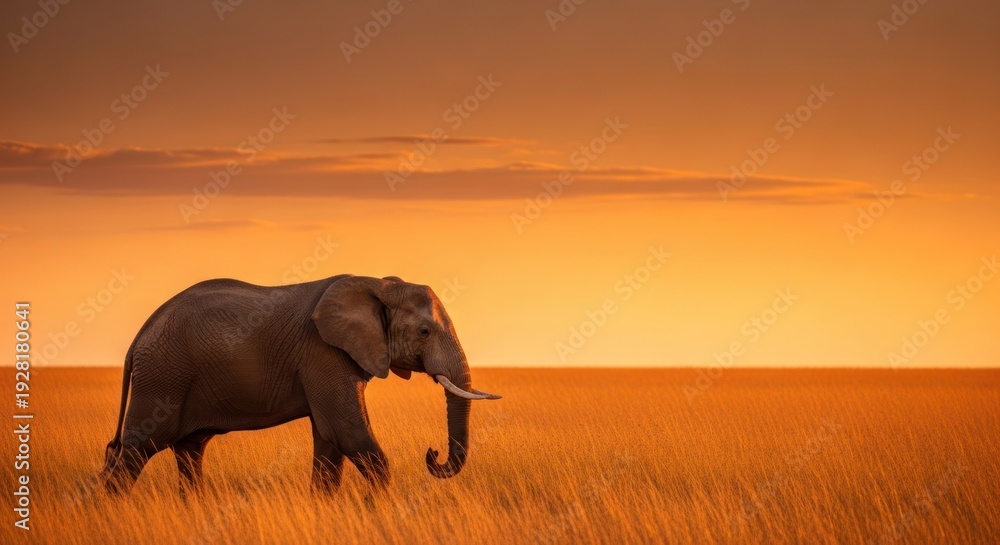 Fototapeta premium A majestic elephant walking through a golden grassland under a clear sky at sunset.