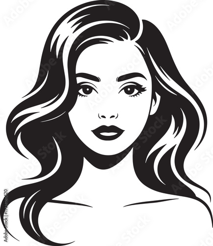Black and white portrait of a woman with flowing hair and full lips female face