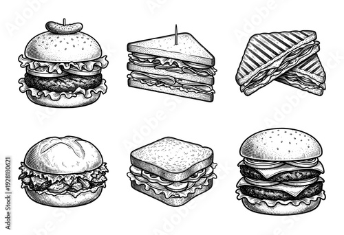 Vintage hand drawn engraving style collection of sandwiches, burgers, and paninis for restaurant menu design.