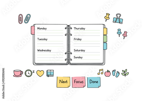 Open weekly planner spread, tabbed notebook pages, paper clips and sticky notes, small reminder icons for Break scheduling