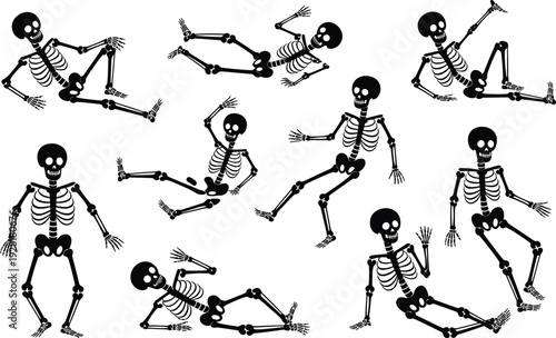 Black and white skeleton figures in various dynamic poses on a white background