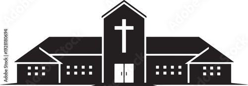 Black and white silhouette of a church building with a cross and double doors