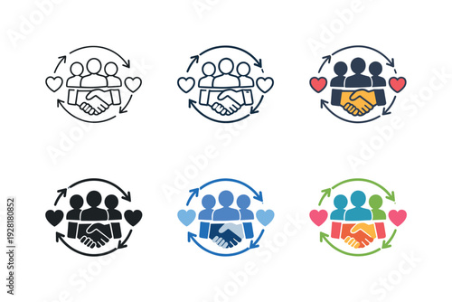 Customer retention icon showing stylized people, heart symbols, handshake, and circular arrows representing client loyalty,