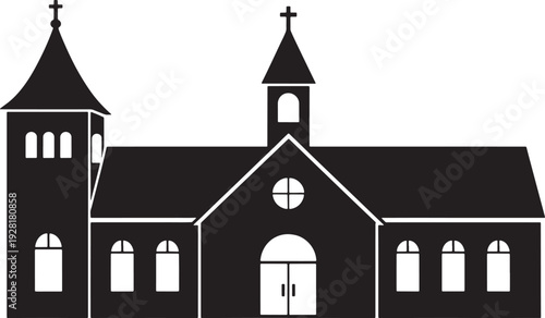 Black and white silhouette of a church building with a steeple and cross architecture