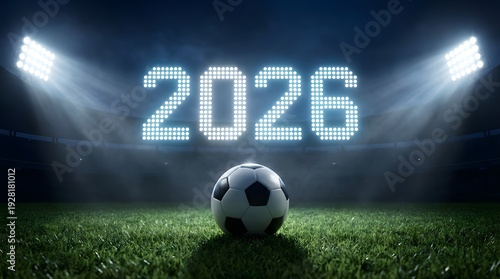 2026 global football championship, Countdown to the 2026 Soccer World Cup with illuminated numbers and a classic soccer ball in a stadium at night