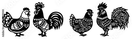 Traditional Slavic folk art roosters and hens set with intricate patterns and silhouettes