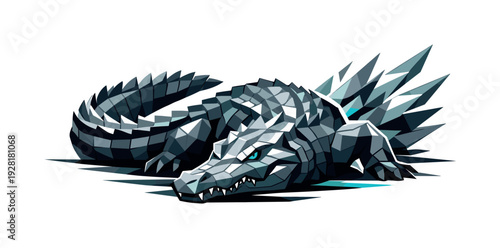 Low-poly vector illustration of a crocodile preparing for a water surge, low angular posture with body partially submerged