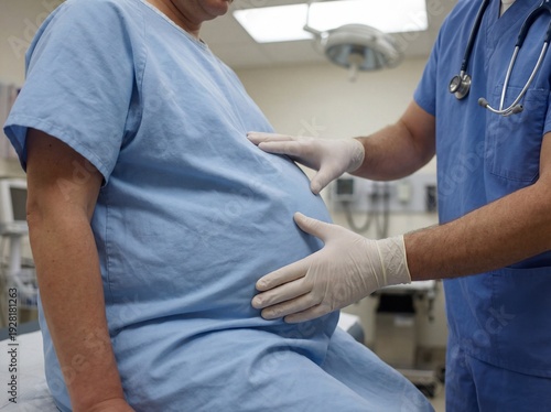 Cirrhosis (Ascites): Professional photography, patient with a distended, swollen abdomen, medical gown, doctor's hands palpating the area, clinical lighting.