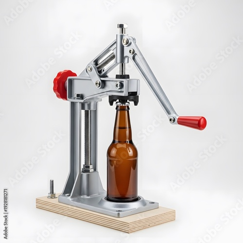 Manual Bottle Capper with Lever Home Brewing Beer Bottling Press Machine on Wooden Base with Brown Glass Bottle