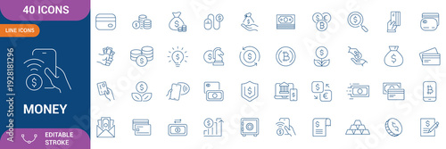 Money Icon Set. Containing cash, saving, wallet, transfer, withdraw, payment, deposit, banking, finance, transaction, credit card, debit card, online banking and etc. Editable stroke. Vector