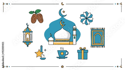 Islamic celebration elements illustration featuring mosque, dates, lantern, and gift