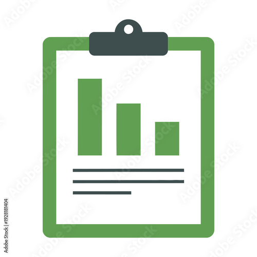 Green clipboard displays bar graph and lined paper for data analysis