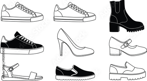 Stylish shoes collection vector illustration sneakers heels boots sandals loafers monochrome outline fashion footwear set isolated background