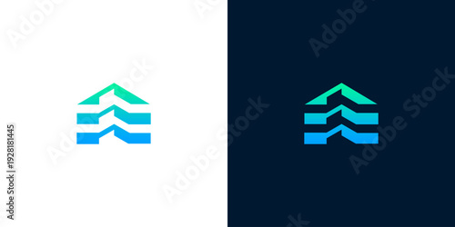 Sleek, modern abstract emblem designed with a dynamic blue-green gradient, symbolizing upward growth, technological advancement, and structural innovation in a digital and progressive context