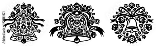 Three decorative bells with dense floral ornaments in traditional slavic and polish folk style