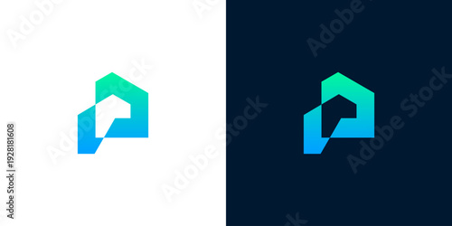 Abstract geometric logo design representing a house or building with a modern, clean aesthetic in a vibrant blue-green gradient, suitable for real estate or technology companies