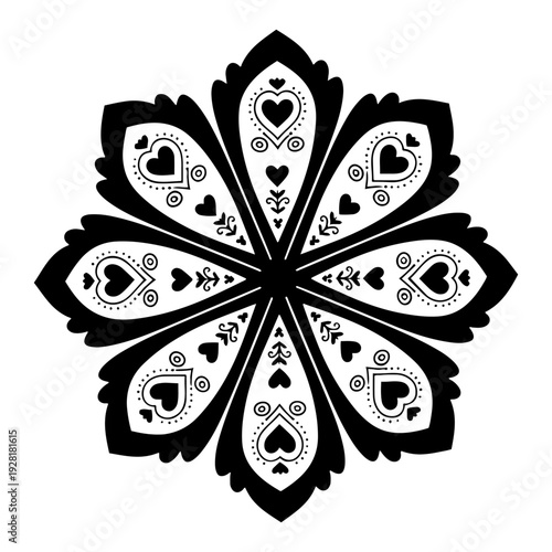 Intricate circular floral rosette with heart motifs in traditional Slavic folk art style