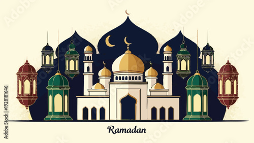 Illustration of a mosque with domes and minarets during Ramadan, a significant religious event, viewed from the front