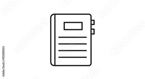 A simple line drawing icon representing a closed notebook or journal with lines for writing and a rectangular label at the top