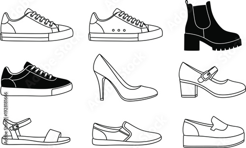 Modern shoes collection vector illustration sneakers heels boots sandals loafers black and white outline fashion footwear set