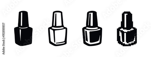 Creative nail polish bottle icons collection with mixed shapes: solid, outline, hand-drawn, and pixel art designs