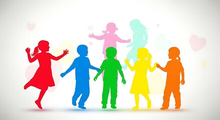 Diverse children in colorful silhouettes play together joyfully.