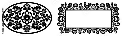Decorative oval medallion and rectangular frame with roosters and floral folk ornaments