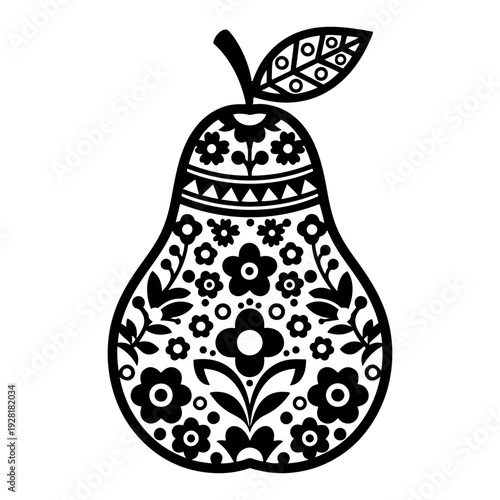 Decorative pear illustration featuring intricate Slavic folk art floral patterns