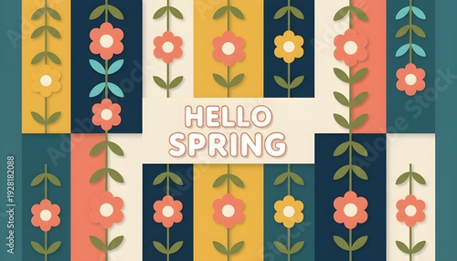 Hello spring celebrating the first day of spring with flowers and greenery, Playful Spring Hello Spring Greeting with Floral Pattern on Colorful Background