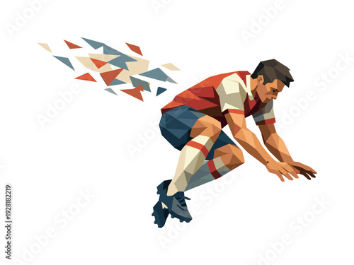 Low-poly vector illustration of a soccer player descending after the bicycle kick, controlled angular fall with legs extending