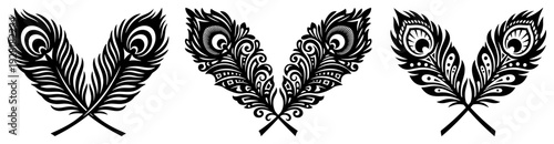 Set of decorative peacock feather pairs with intricate folk art patterns