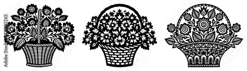 Three stylized flower baskets featuring detailed floral arrangements in Polish folk style