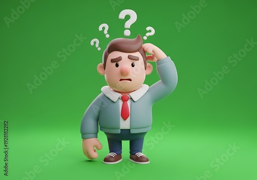 Confused businessman scratching head with question marks