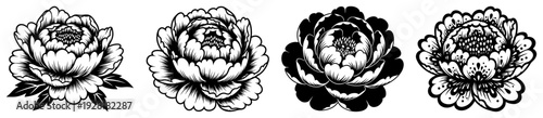 Collection of four ornate peony flower blooms in traditional Slavic embroidery style