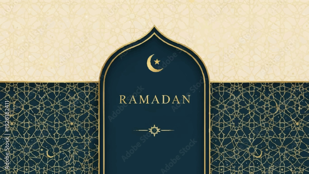Fototapeta premium Elegant Ramadan Illustration Featuring Crescent Moon and Stars in a Luxurious Archway Design with 79 VR Inspiration