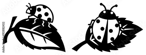 Two decorative ladybugs crawling on leaves in stylized folk silhouette style